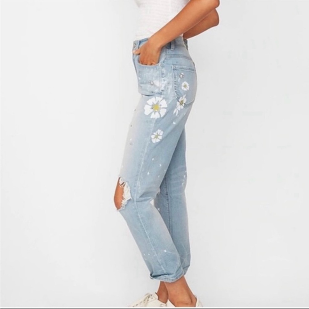 Express Boyfriend High Rise Jeans, Distressed and Embellished